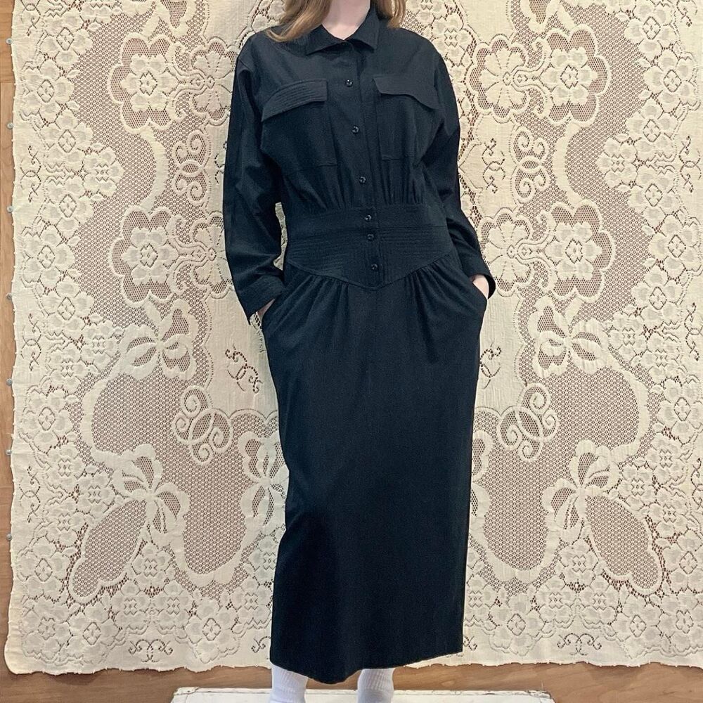 Vintage 100% Raw Silk Slouchy Black Maxi Button-down House Dress Pockets